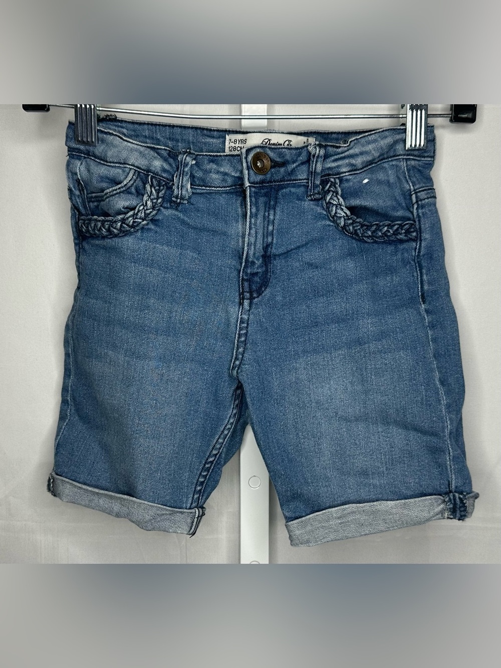 Denim&Co Blue Braided Pocket Roll-Cuff Denim Shorts